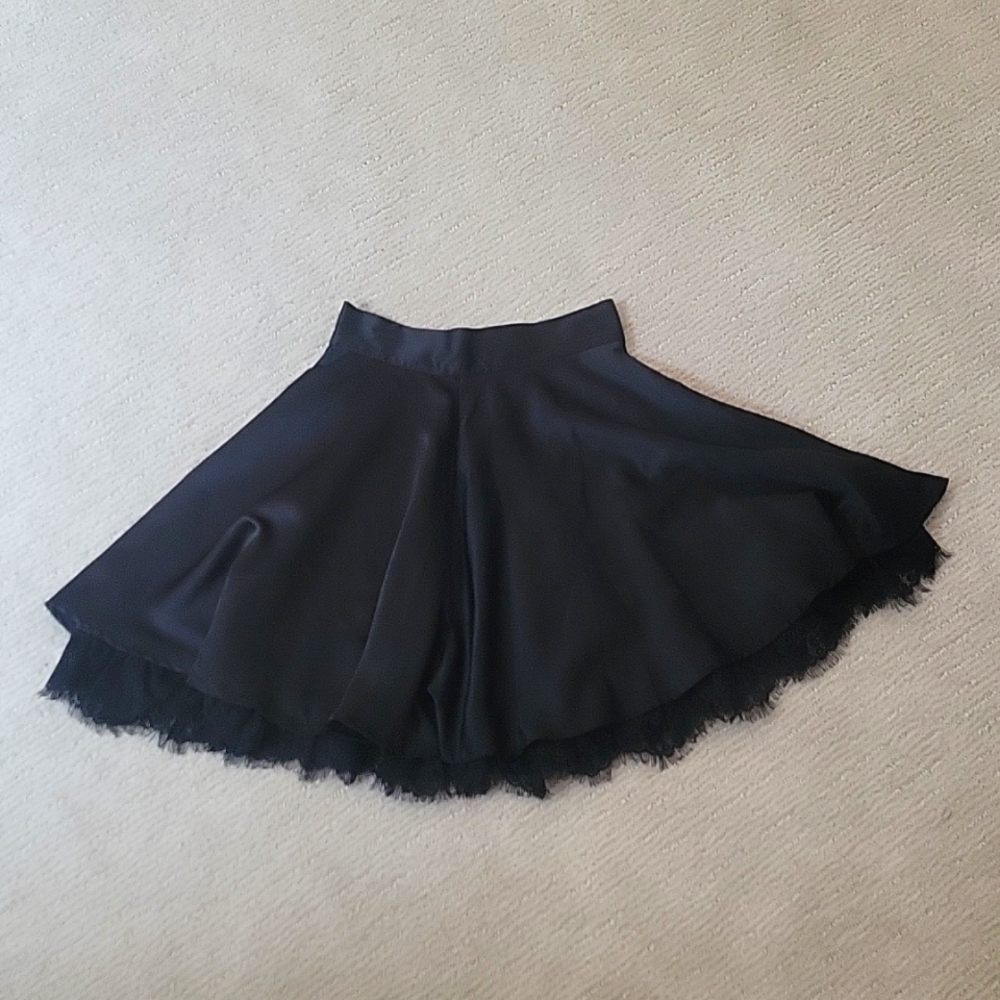 Black Satin Skirt w/ Bohemian Lace Trim